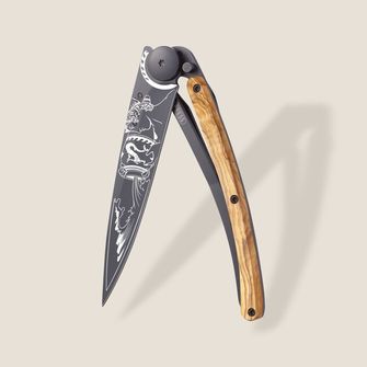Deejo összecsukható kés Tattoo Black olive wood Aquarius